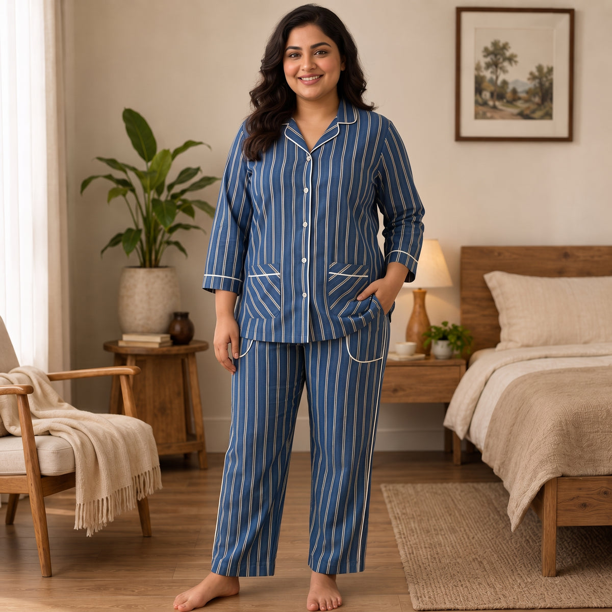 Women’s Premium Blue Vertical Stripes Night Suit & Loungewear
