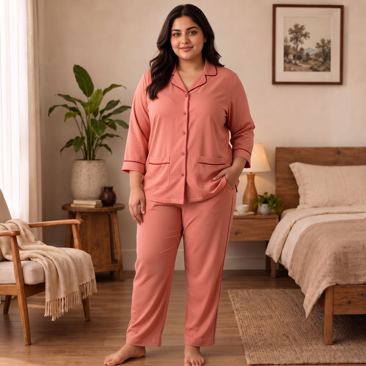 Women’s Premium Soft Plain Peach Night Suit & Loungewear