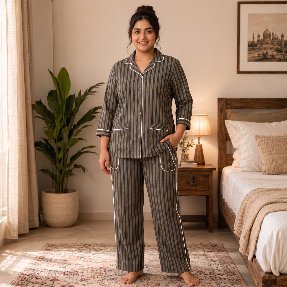 Women’s Premium Navy Blue & Beige Stripes Night Suit & Loungewear