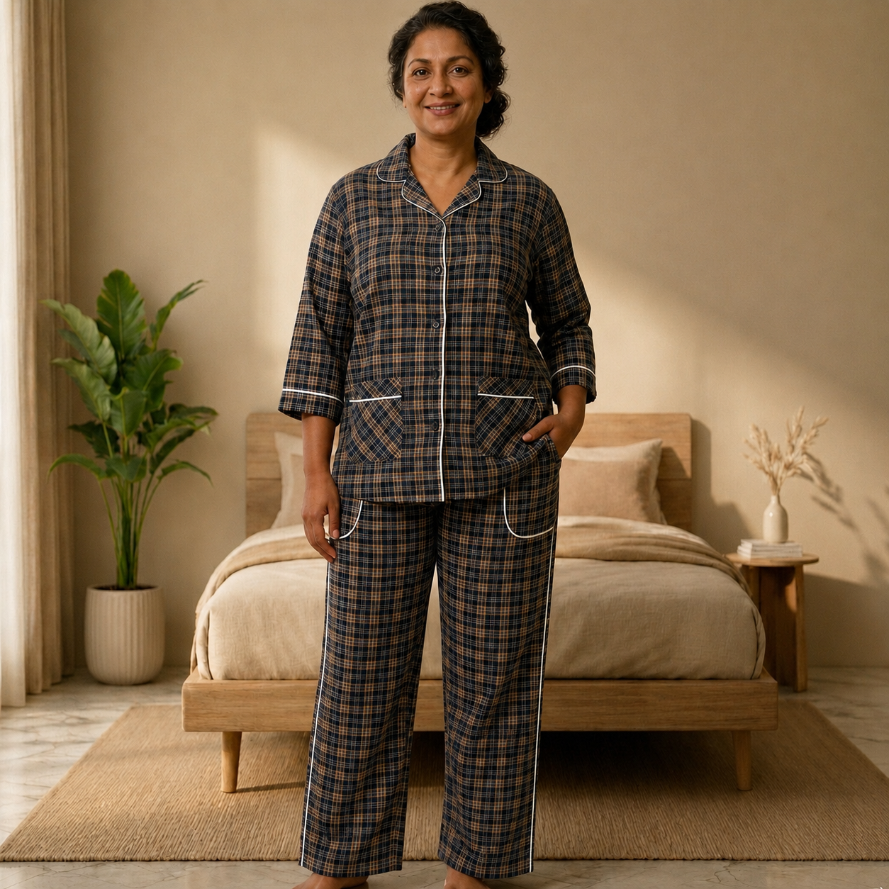 Women's Navy Checkered Cotton Pajama Set