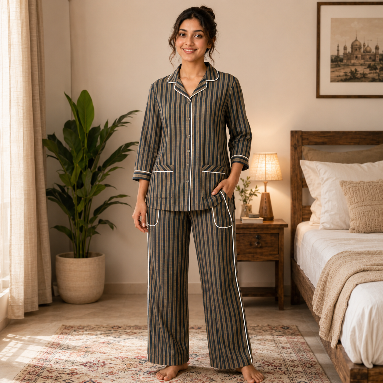 Women’s Premium Navy Blue & Beige Stripe Pajama Set