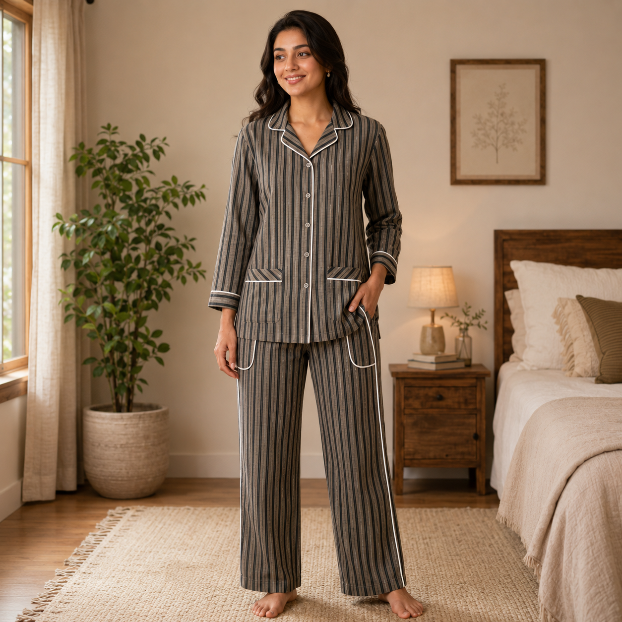 Women’s Premium Grey & Black Stripe Pajama Set