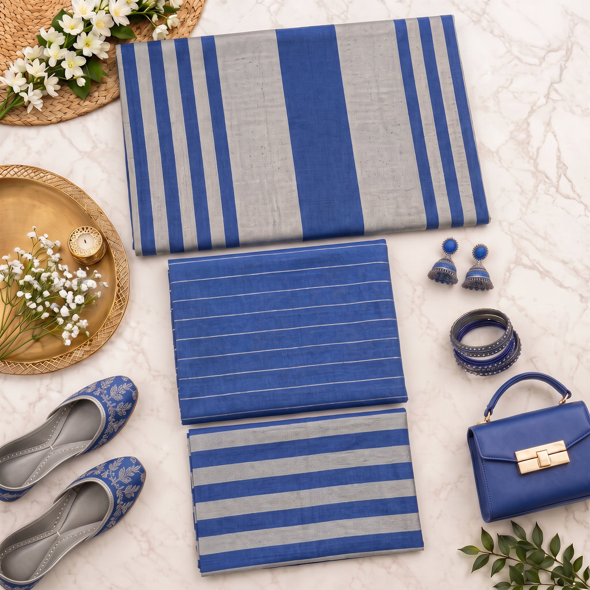 3-Piece Unstitched Grey & Royal Blue Multani Khaddi Susi Suit