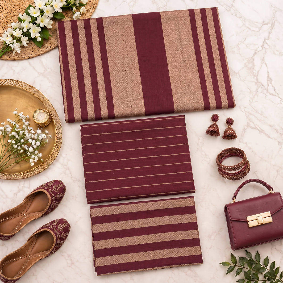 3-Piece Unstitched Beige & Mehroon Multani Khaddi Susi Suit