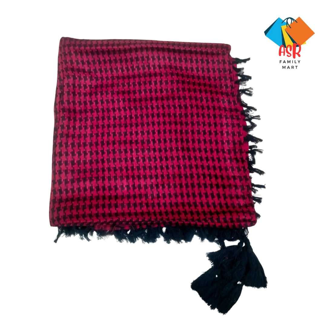 Elegant Red & Black Checkered Shemagh Scarf for Men with Tassels.