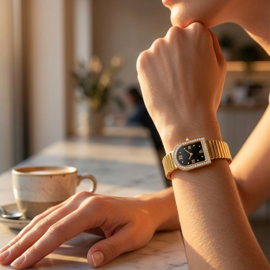 Premium Gold-Tone Crystal Dial Stainless Steel Bracelet