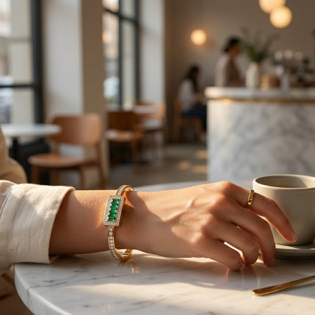 Premium Green Gemstone Geometric Stainless Steel Bracelet