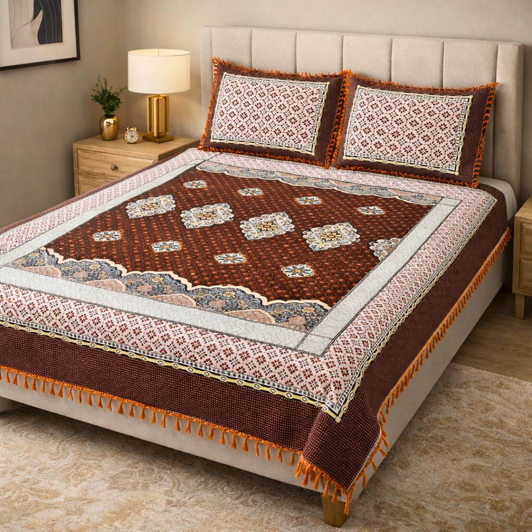 Traditional Orange Multani Bedsheet – Diamond Floral Pattern