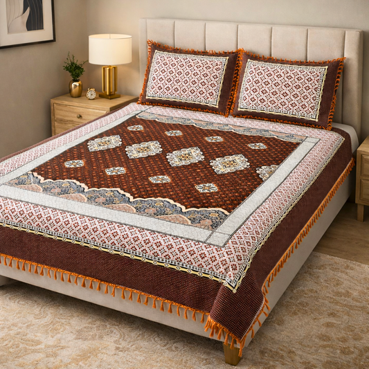 Traditional Orange Multani Bedsheet – Diamond Floral Pattern