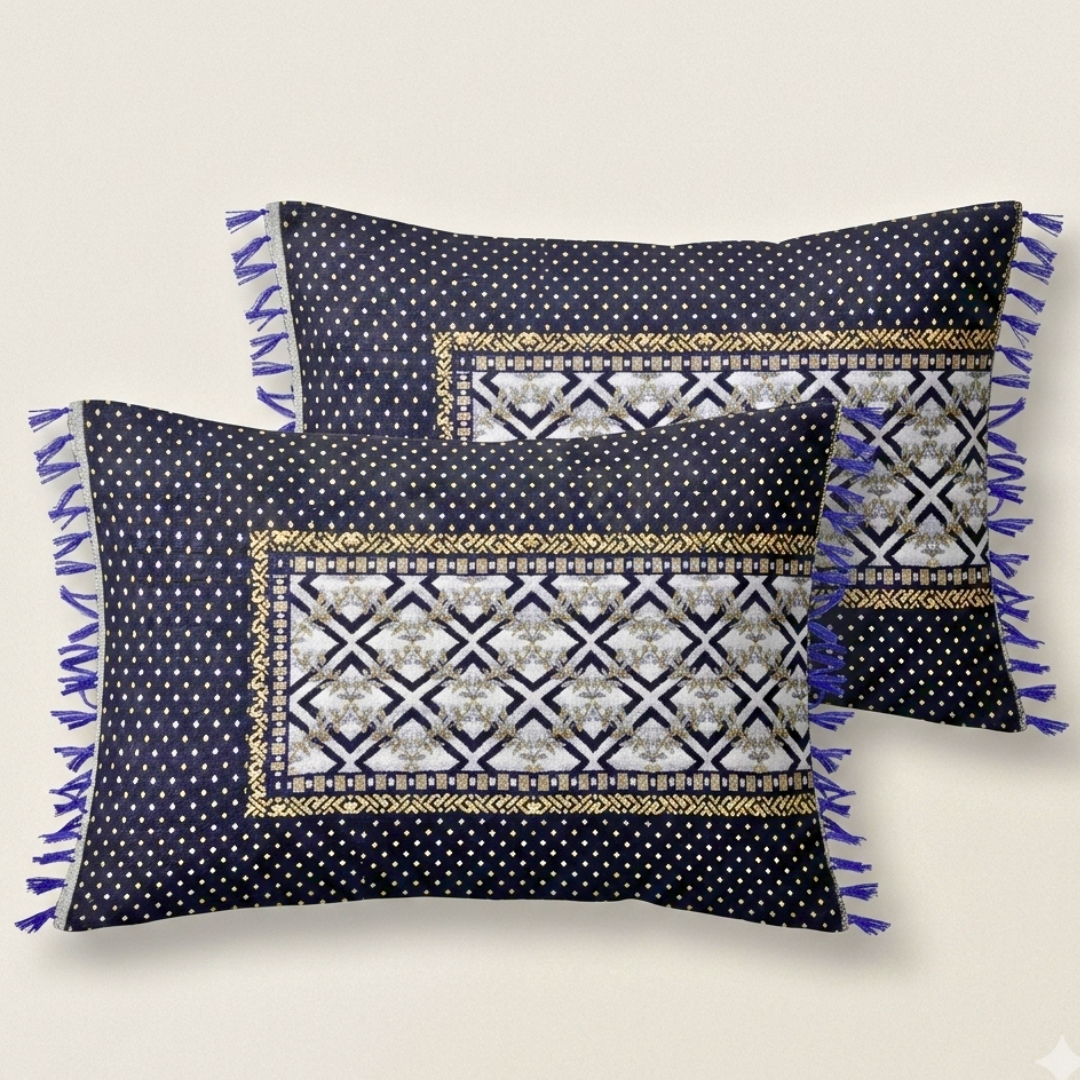 Classic Blue Multani Bedsheet – Central Zigzag Pattern