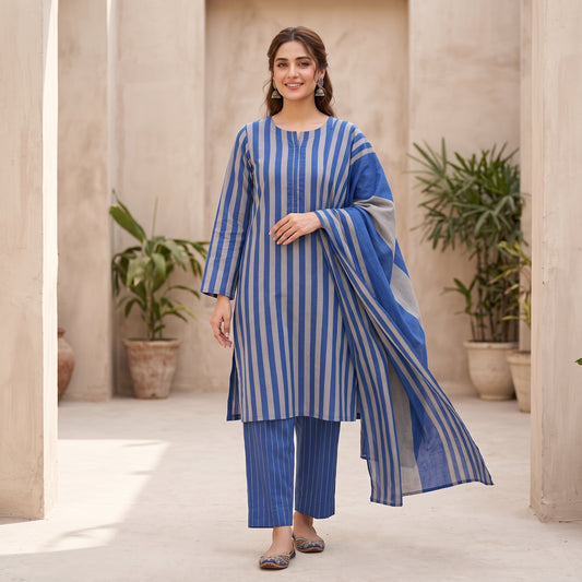 3-Piece Unstitched Grey & Royal Blue Multani Khaddi Susi Suit