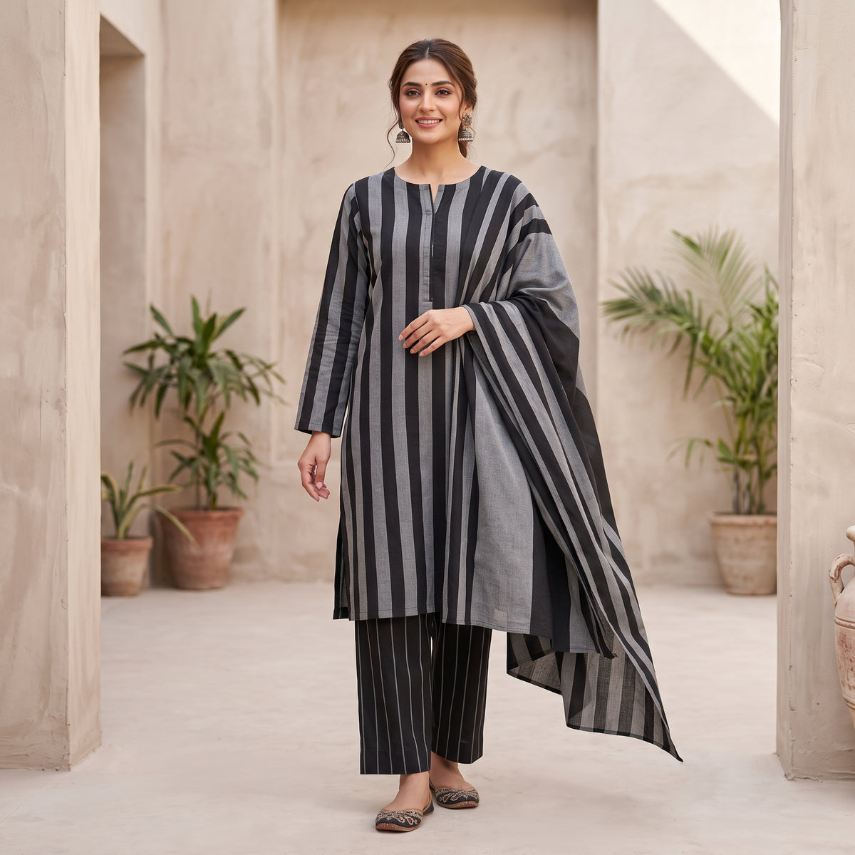 3-Piece Unstitched Grey & Black Multani Khaddi Susi Suit