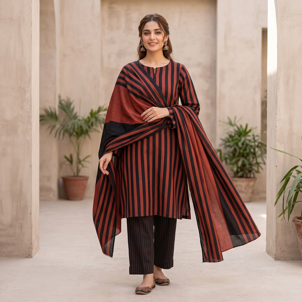 3-Piece Unstitched Red & Black Multani Khaddi Susi Suit