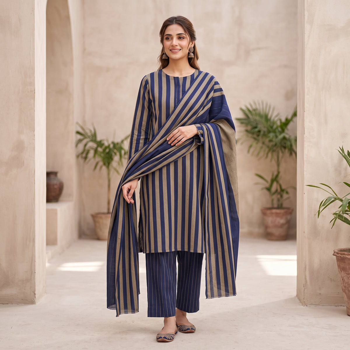 3-Piece Unstitched Beige & Navy Blue Multani Khaddi Susi Suit