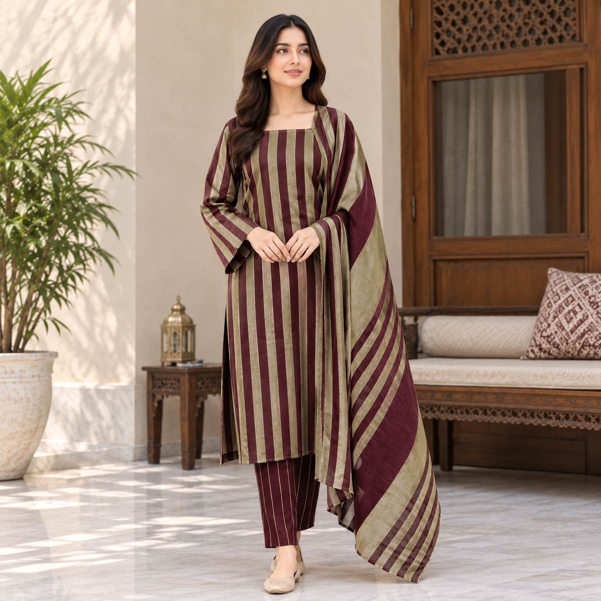 3-Piece Unstitched Beige & Mehroon Multani Khaddi Susi Suit