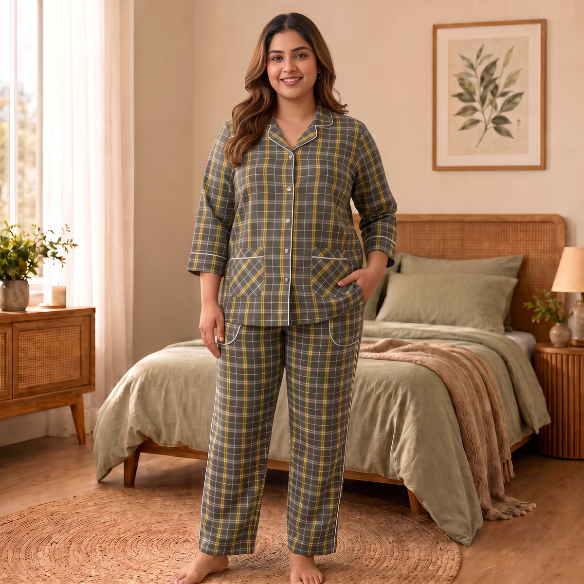 Women’s Grey & Yellow Checkered Night Suit & Loungewear