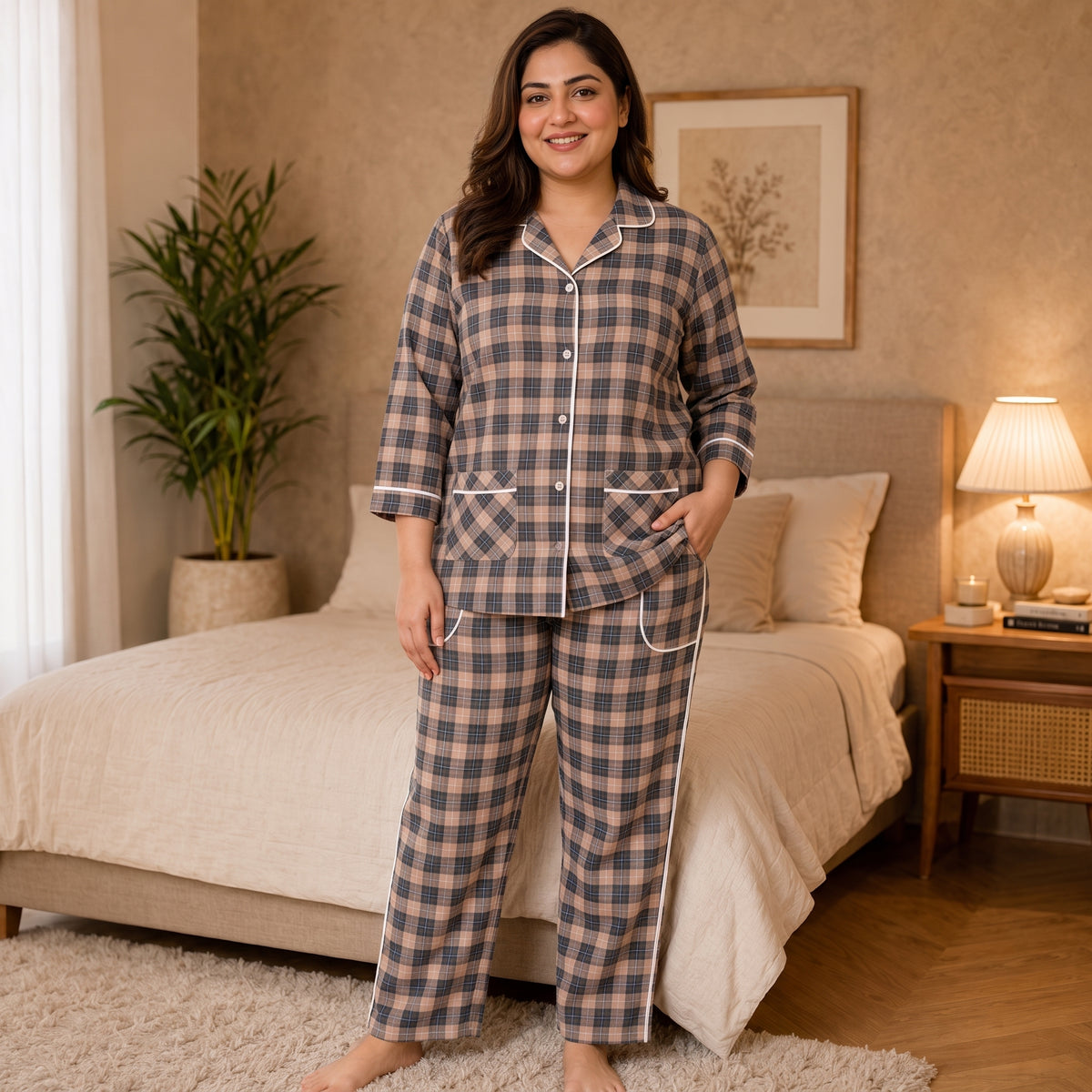 Women’s Brown & Grey Checkered Night Suit & Loungewear