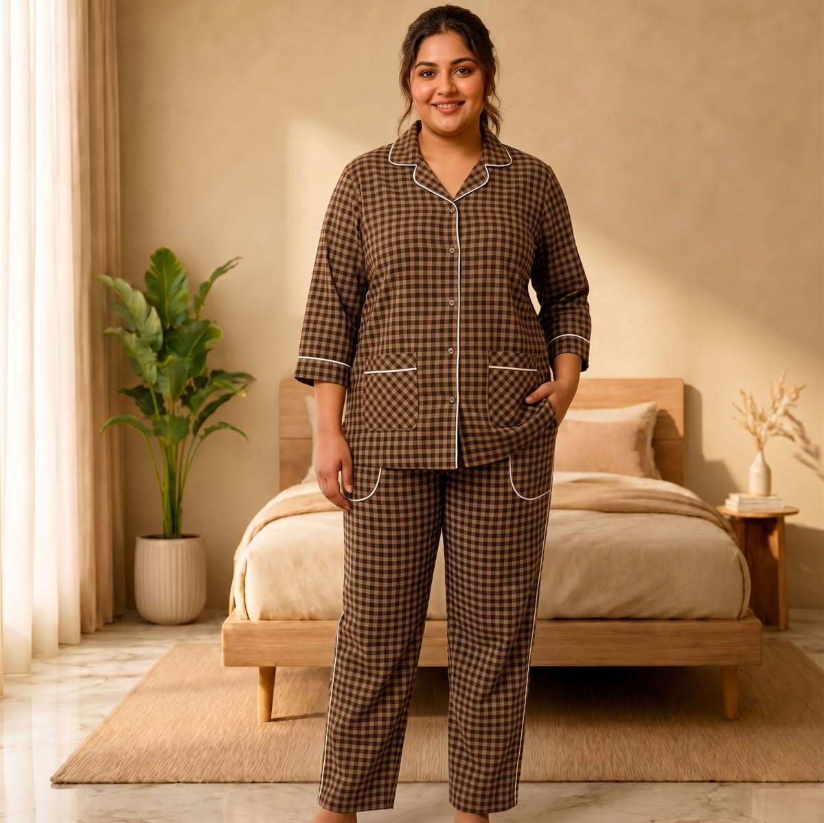Women’s Camel Brown & Black Checkered Night Suit & Loungewear