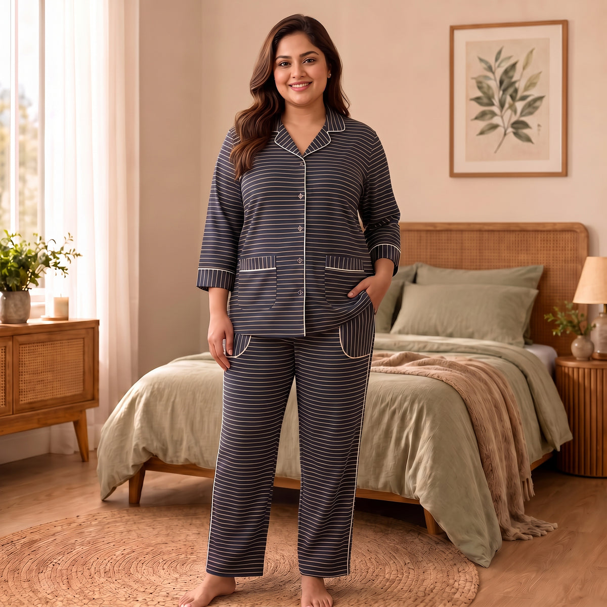Women’s Premium Black & Beige Striped Night Suit & Loungewear