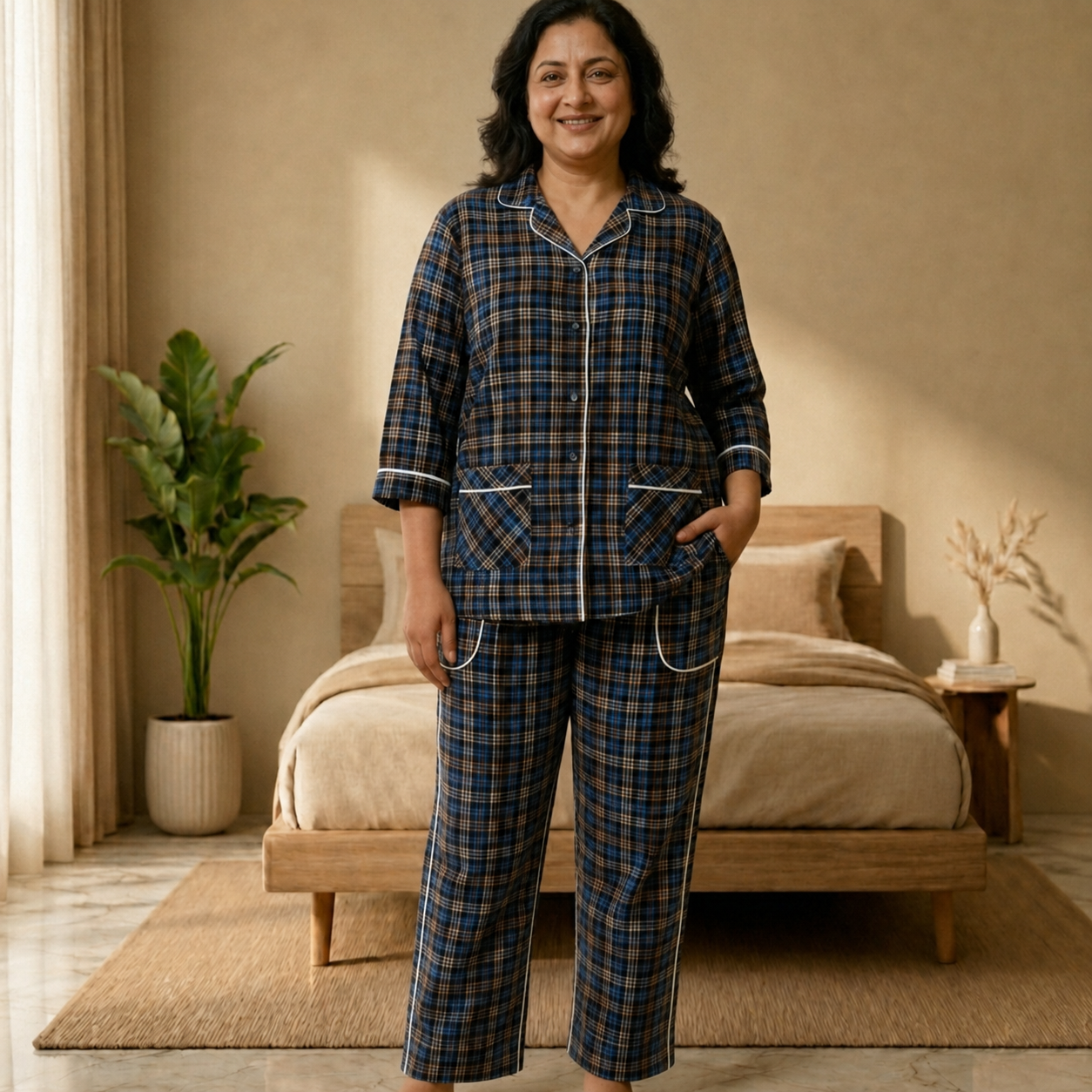 Women’s Blue & Brown Checkered Cotton Pajama Set