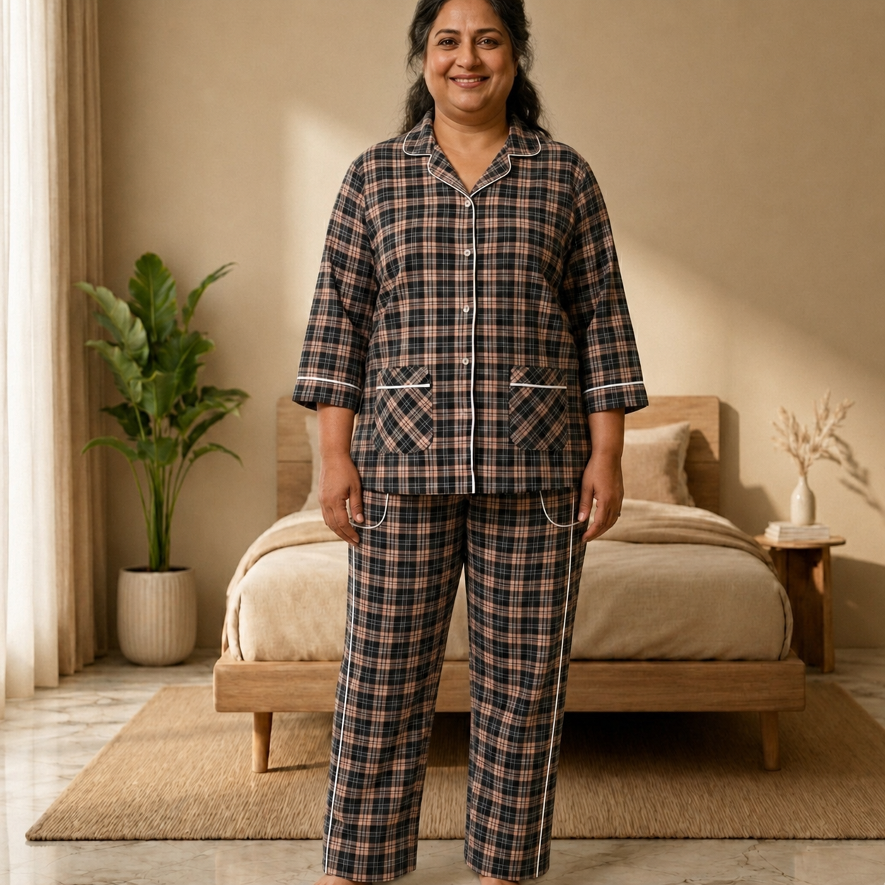 Women’s Black & Dusty Rose Checkered Cotton Pajama Set