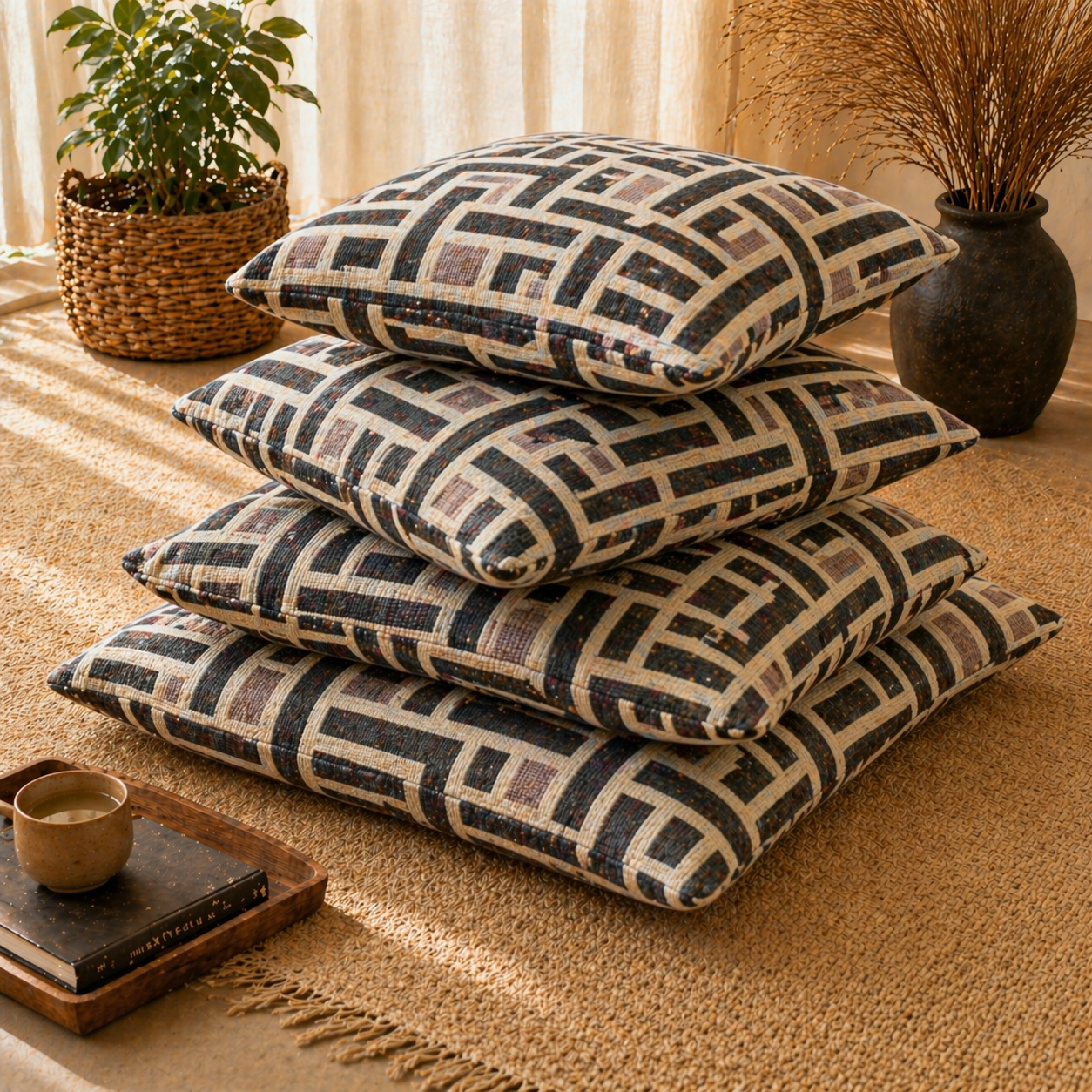 Geometric Earthtone Weave Floor Cushion Covers (Covers Only – No Filling Included)