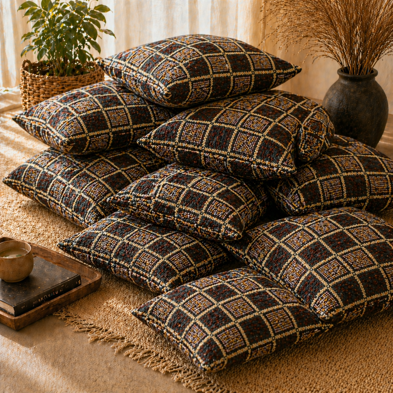 Traditional Check Weave Floor Cushion Covers (Covers Only – No Filling Included)