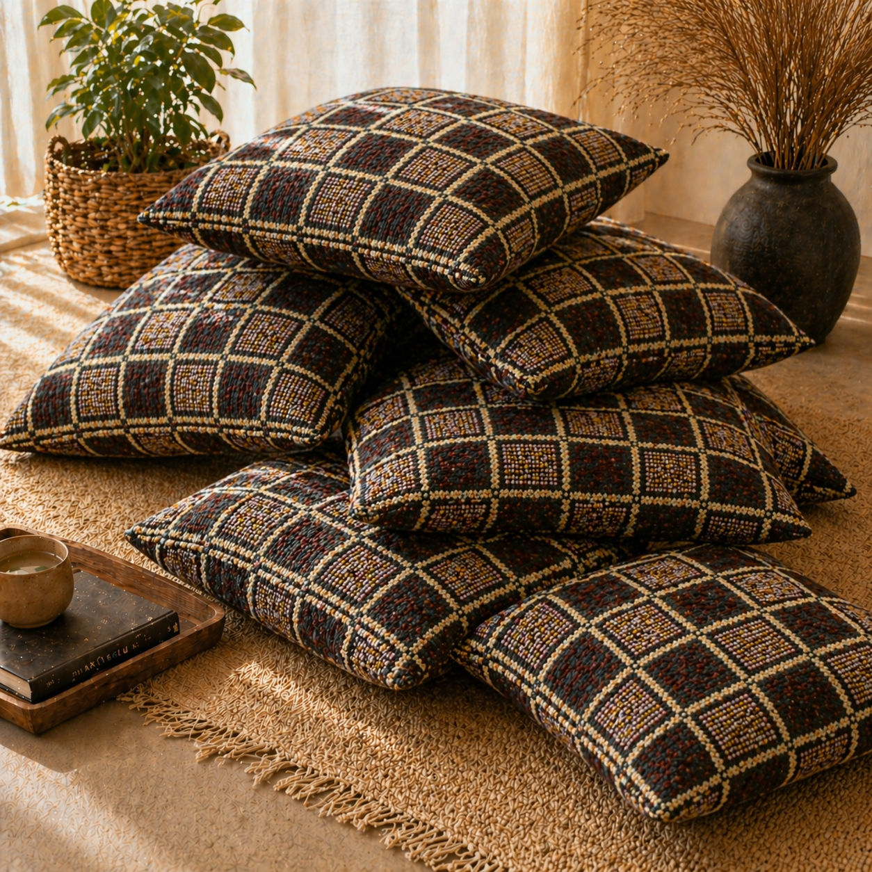 Traditional Check Weave Floor Cushion Covers (Covers Only – No Filling Included)