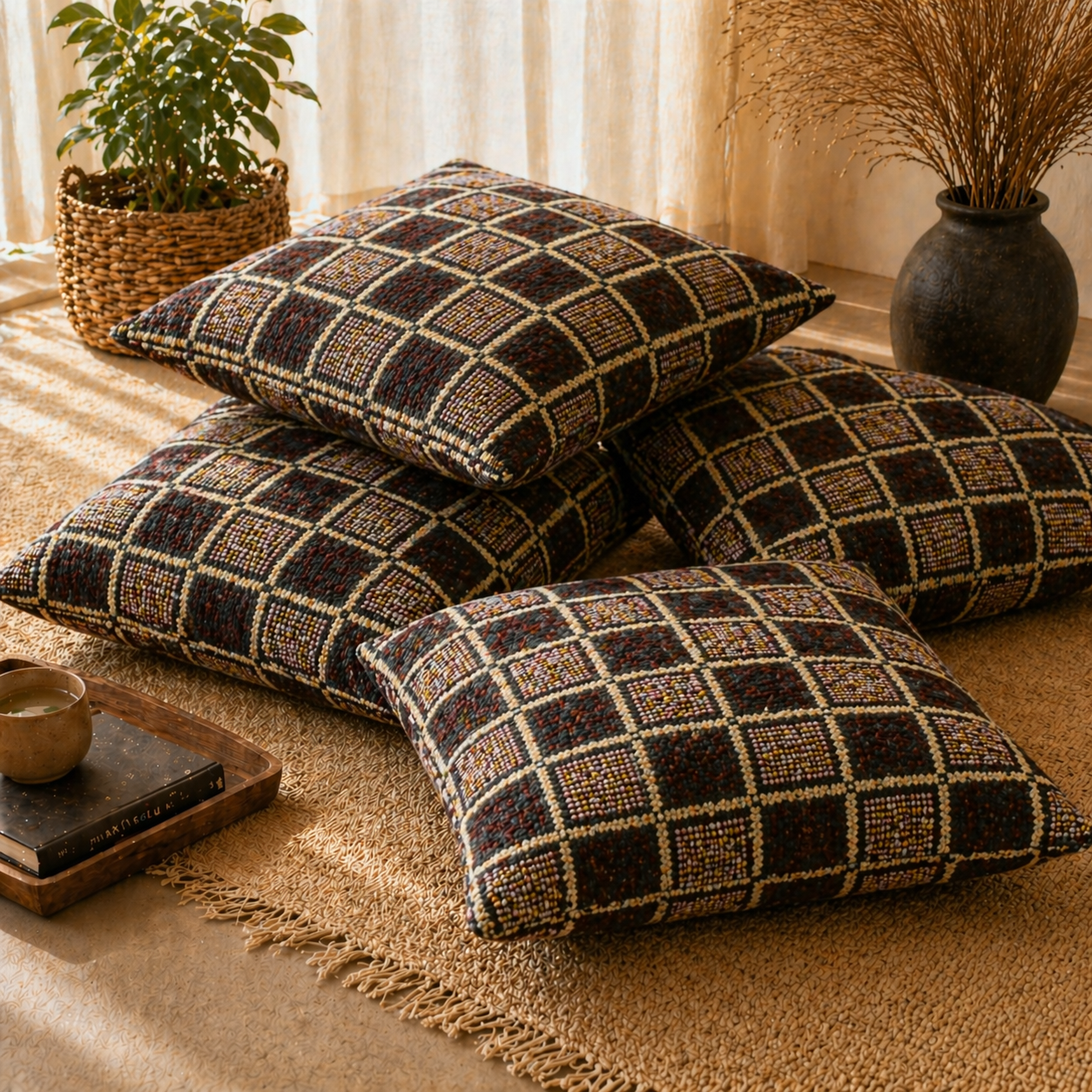 Traditional Check Weave Floor Cushion Covers (Covers Only – No Filling Included)