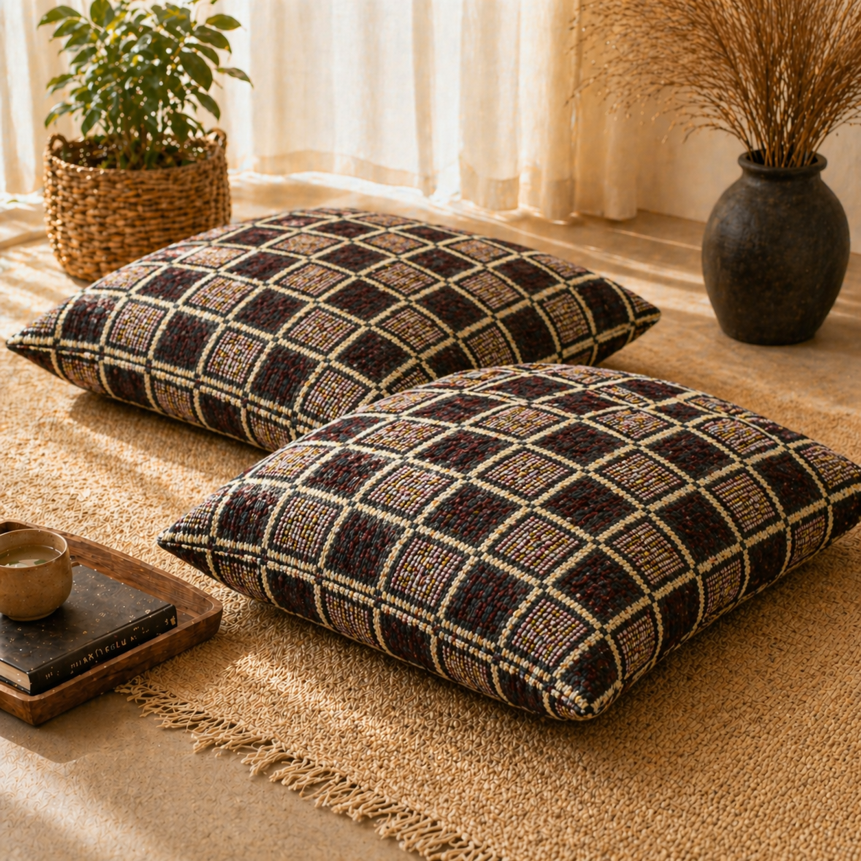 Traditional Check Weave Floor Cushion Covers (Covers Only – No Filling Included)