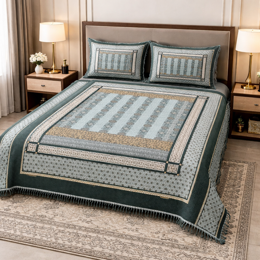 Classic Emerald Green Multani Bedsheet – Central Stripe Pattern
