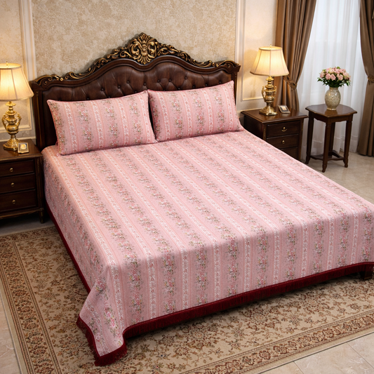 Floral Stripe Multani Bed Sheet – Red Classic Design