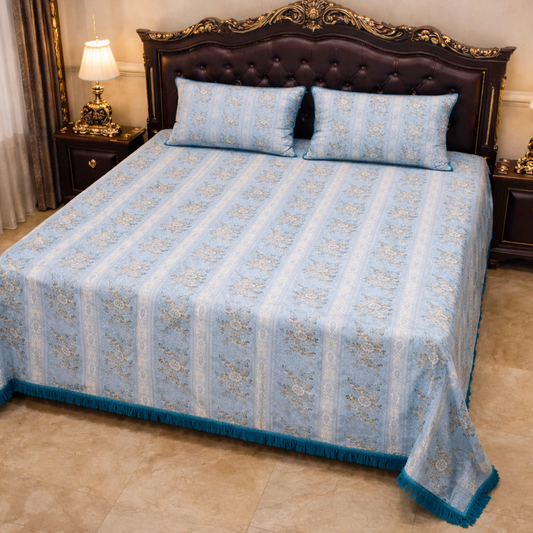Floral Stripe Multani Bed Sheet – Blue Classic Design