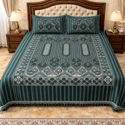 Ghulab Bottle Green & Black Multani Bed Sheet Set