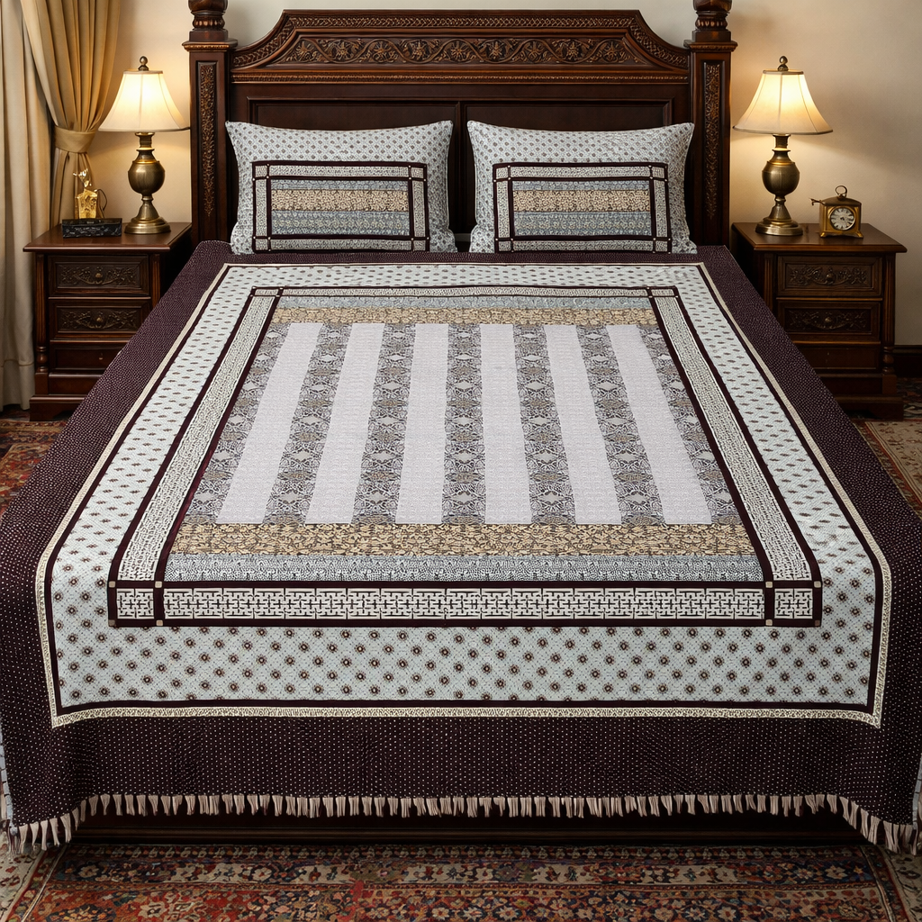 Classic Maroon Multani Bedsheet – Central Stripe Pattern