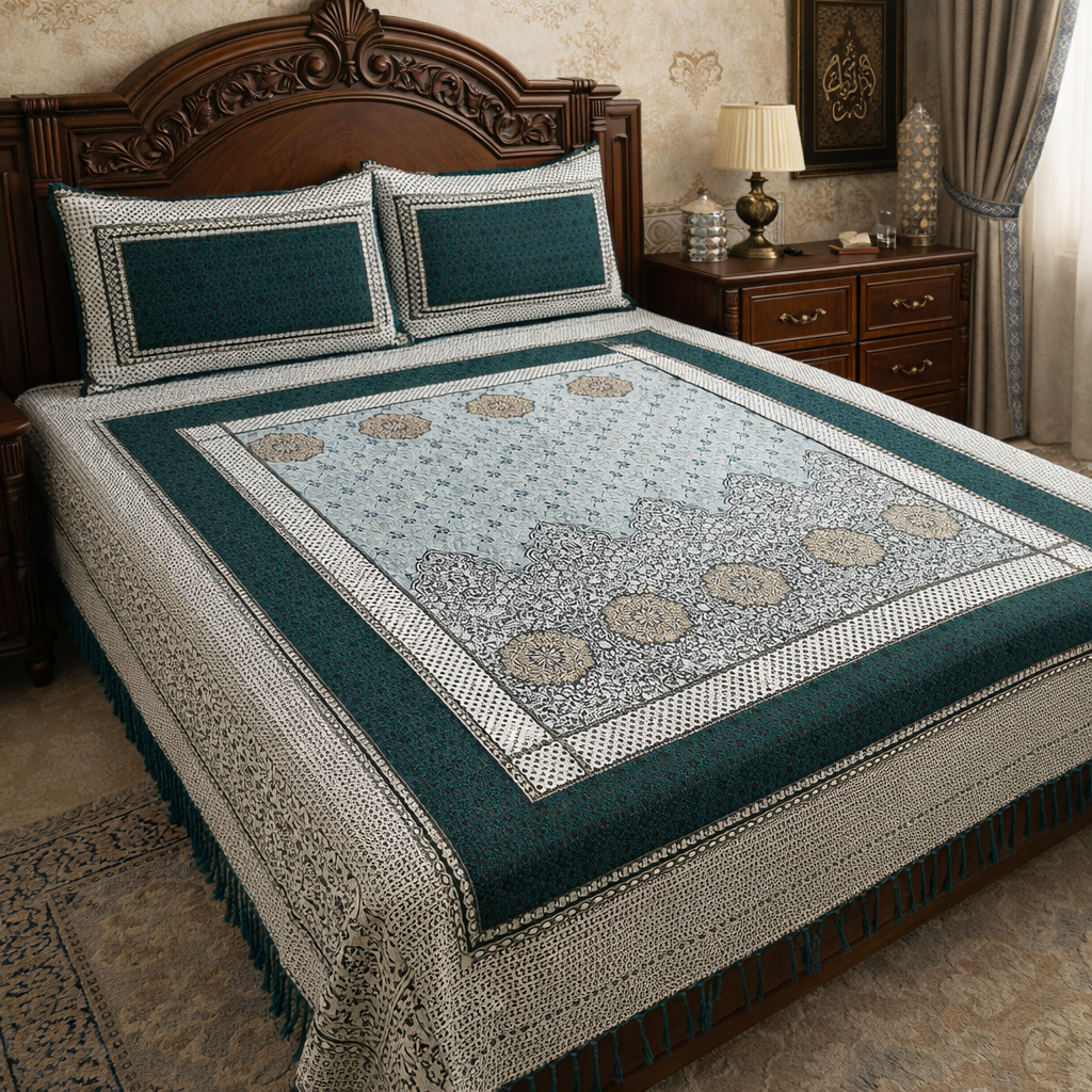 Classic Emerald Green Multani Bedsheet – Central Mehrab Pattern