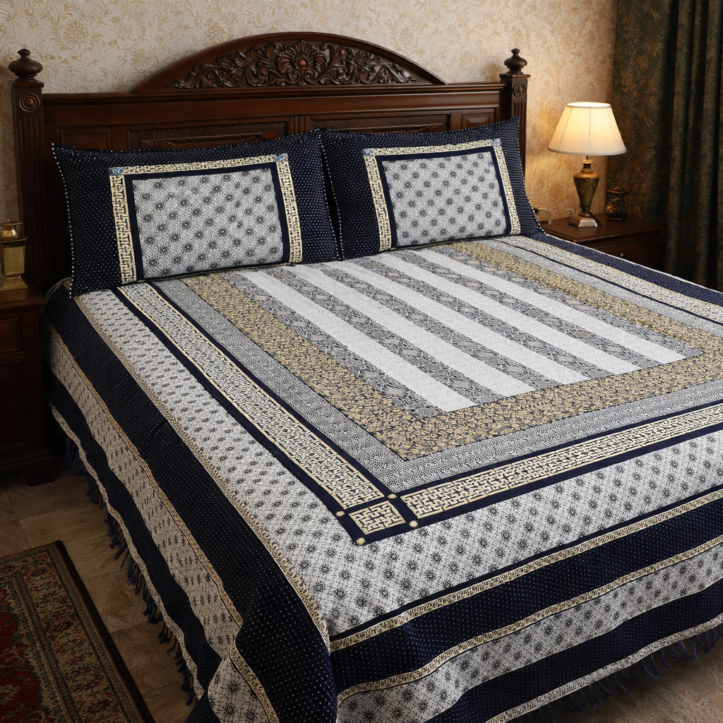 Classic Blue Multani Bedsheet – Central Stripe Pattern