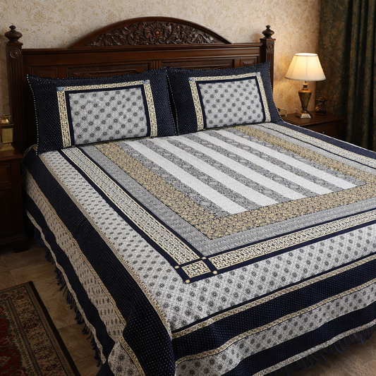 Classic Blue Multani Bedsheet – Central Stripe Pattern