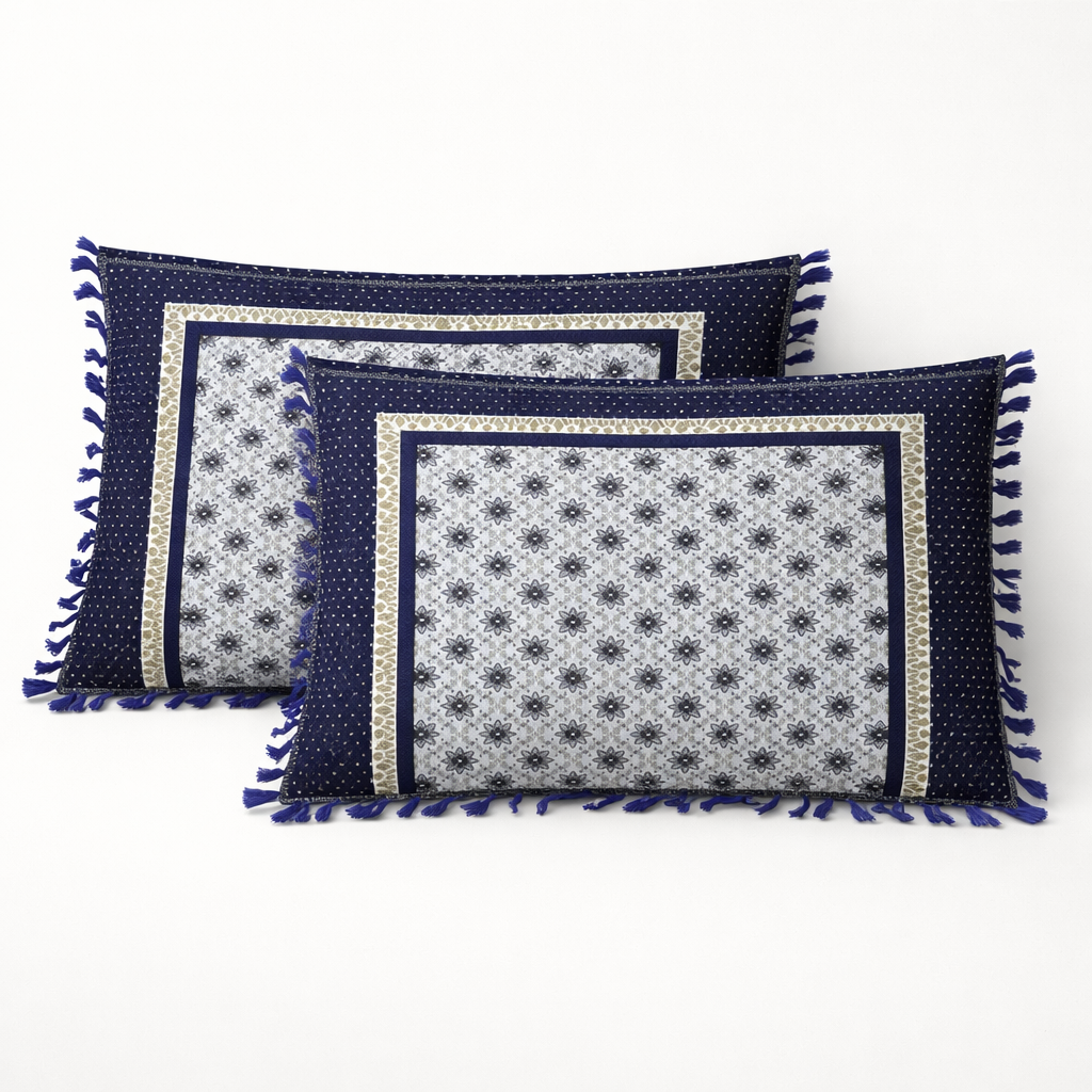 Classic Blue Multani Bedsheet – Central Stripe Pattern