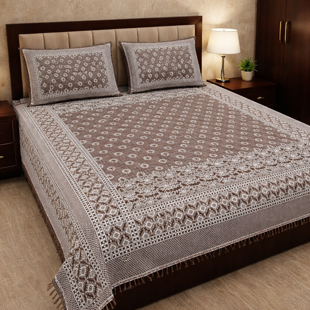 Brown Diamond Motif Multani Bedsheet Set