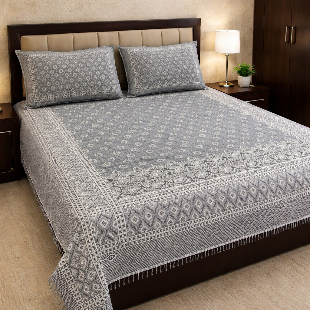 Grey Diamond Motif Multani Bedsheet Set