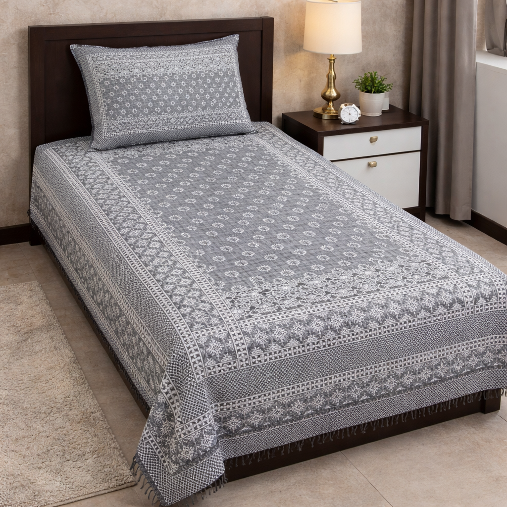 Grey Diamond Motif Multani Bedsheet Set
