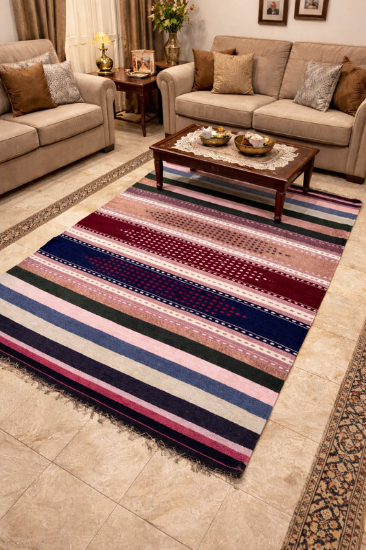 4×6 Ft Handmade Khaddi Darri Rug – Lightweight Multicolor Striped Flatweave