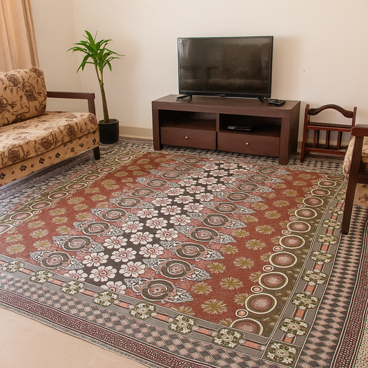 Traditional Multani Jazem - 9x15 Ft – Olive Red Floral Starburst