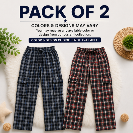 Stylish 4-Pocket Pure Cotton Check Cargo Trouser for Kids-Pack of 2