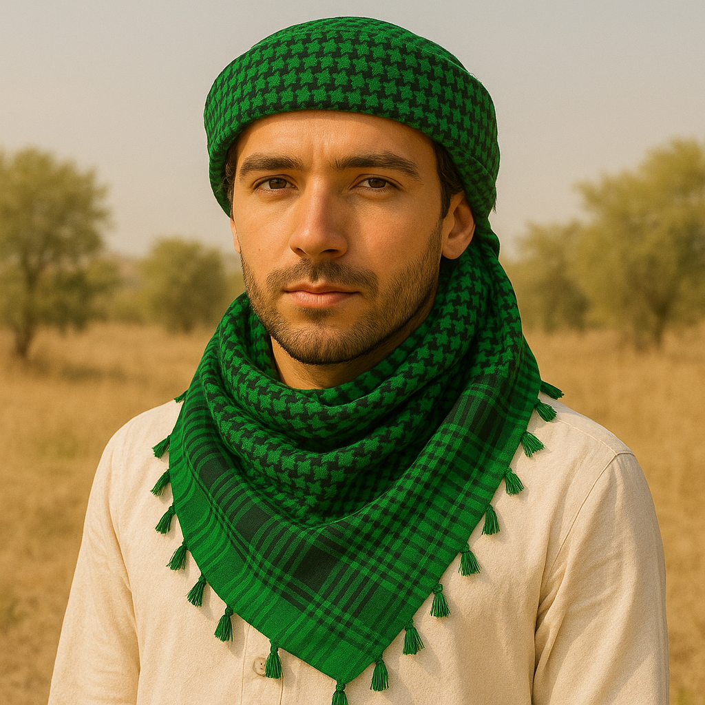 Elegant Green & Black Checkered Shemagh Scarf for Men with Tassels