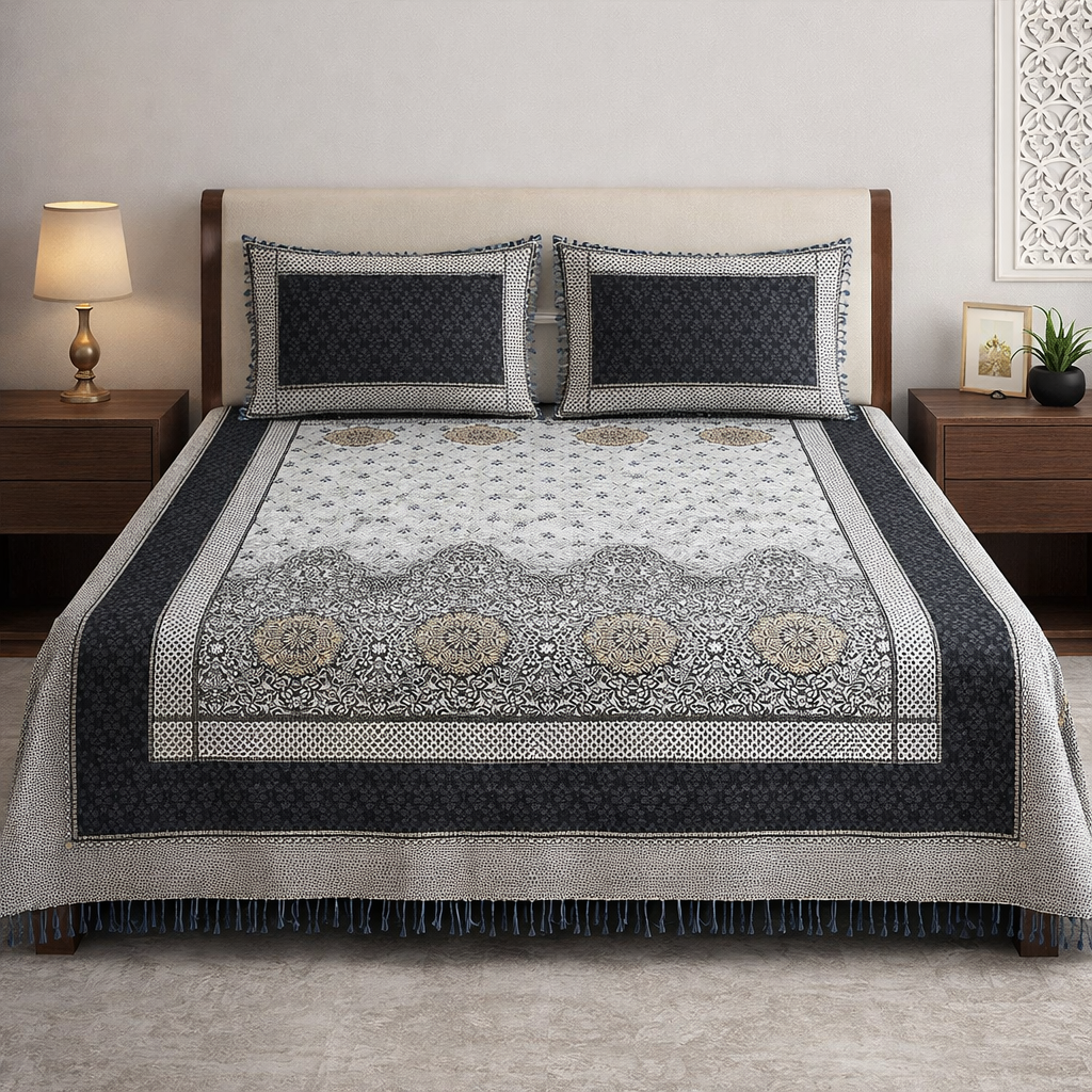 Classic Grey Multani Bedsheet – Central Mehrab Pattern