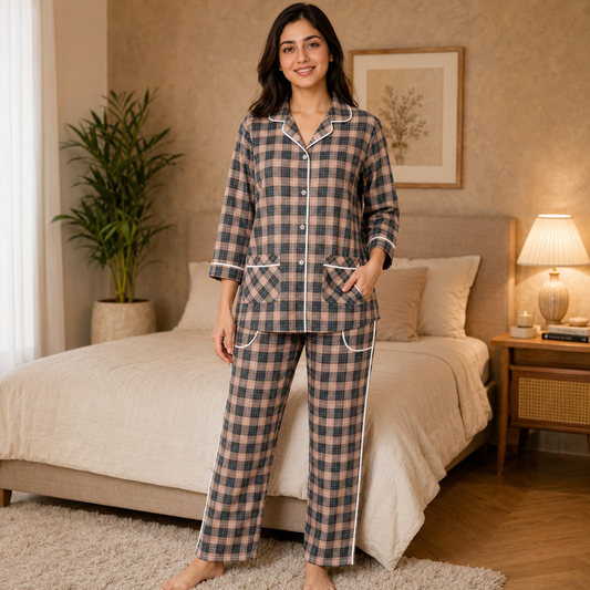 Women’s Premium Brown & Grey Checkerd Pajama Set