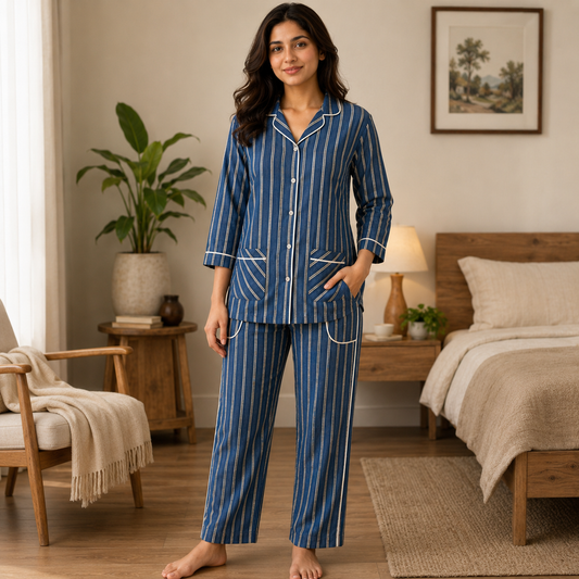Women’s Premium Blue Vertical Stripe Pajama Set