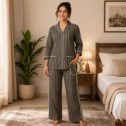 Women’s Premium Navy Blue & Beige Stripe Pajama Set